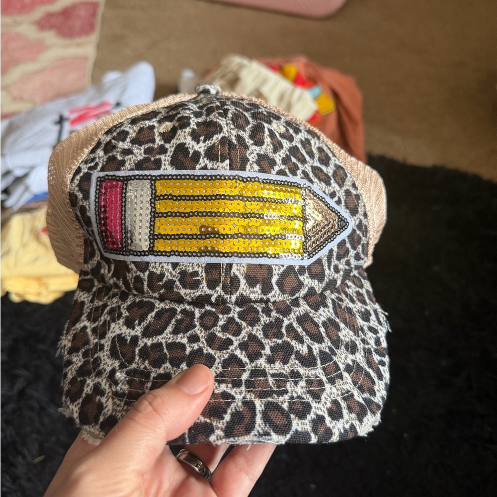 Leopard Print Baseball Cap with Sequin Pencil Patch - Pink/Tan